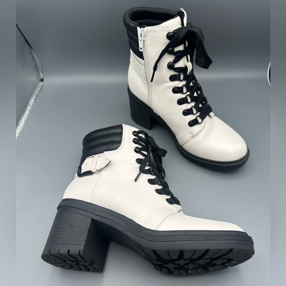 Mix No. 6 White & Black Heeled Combat Moto Boots Lug Sole Alternative Edgy Style